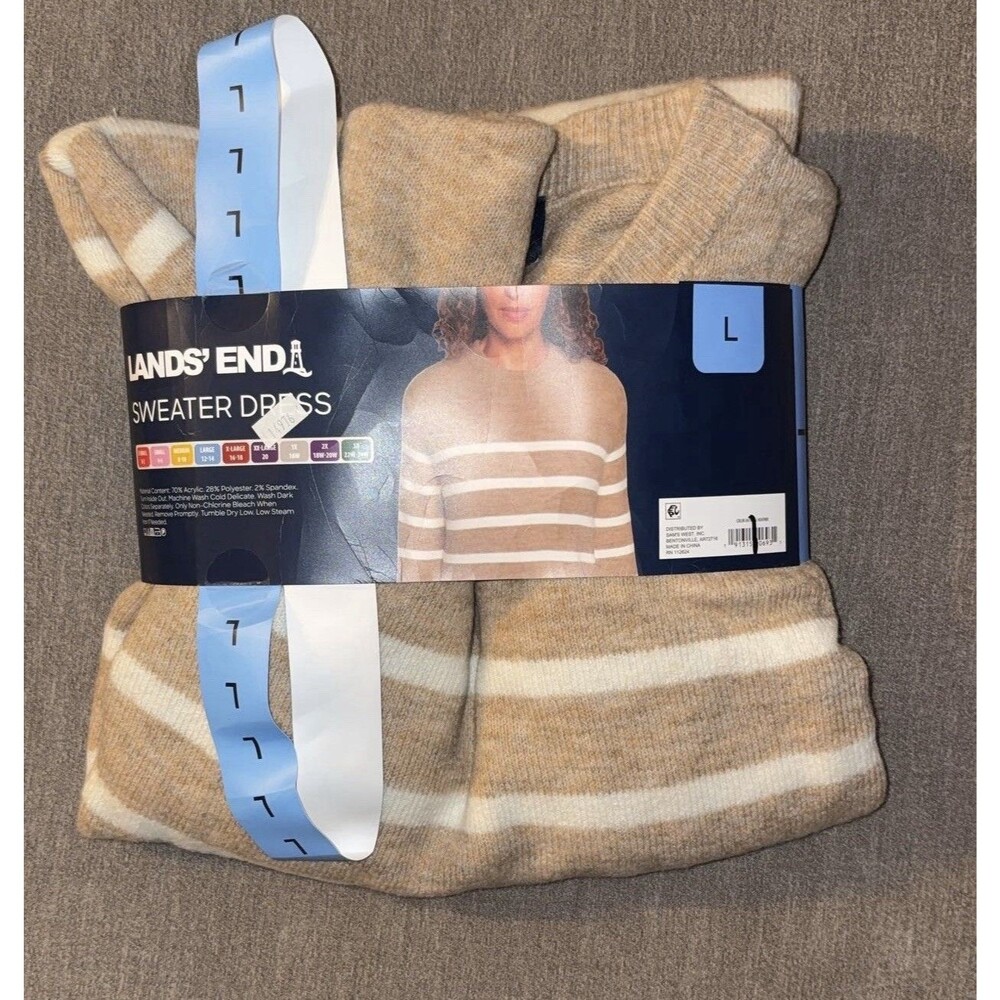 NWT Lands' End Women's Beige/White Striped Knit Sweater Dress Crew Neck L - Picture 3 of 3